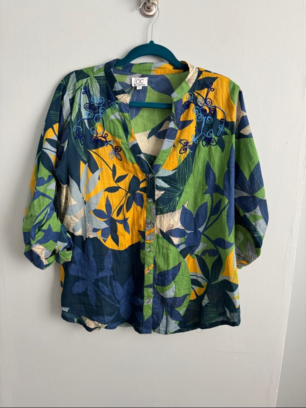 C.C Multicolor Botanical Button-Down Shirt - Green/Navy/Yellow